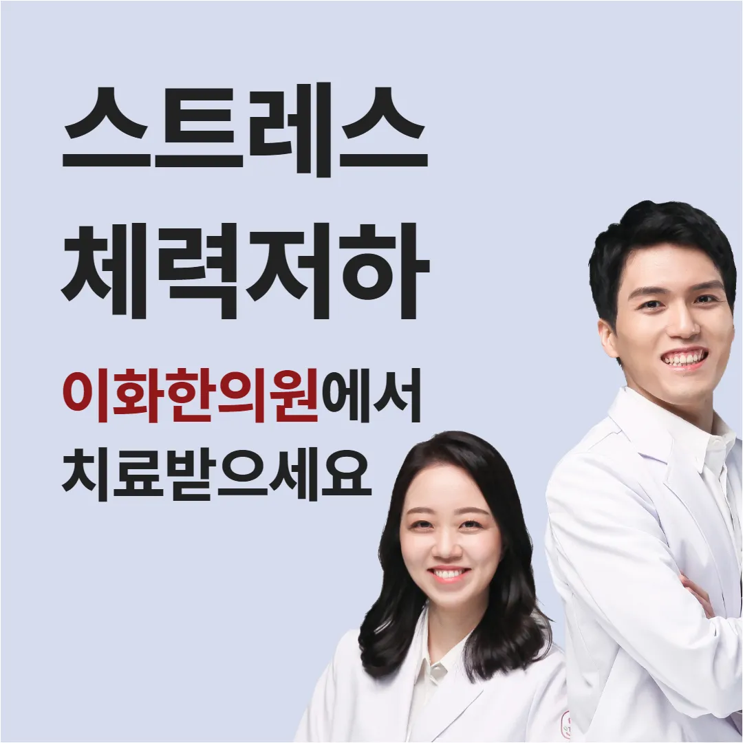 스트레스와 체력저하라고 적힌 연보라 바탕 안내 그림, 오른쪽에 흰 가운을 입은 한의사 두 명